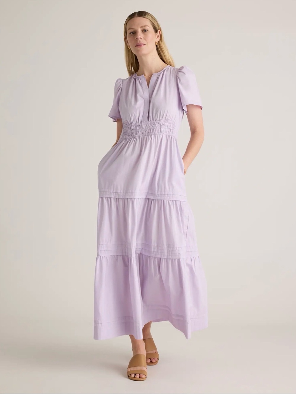 Quince NWT Pastel Lilac 100% Organic Cotton Poplin Tiered Maxi Dress